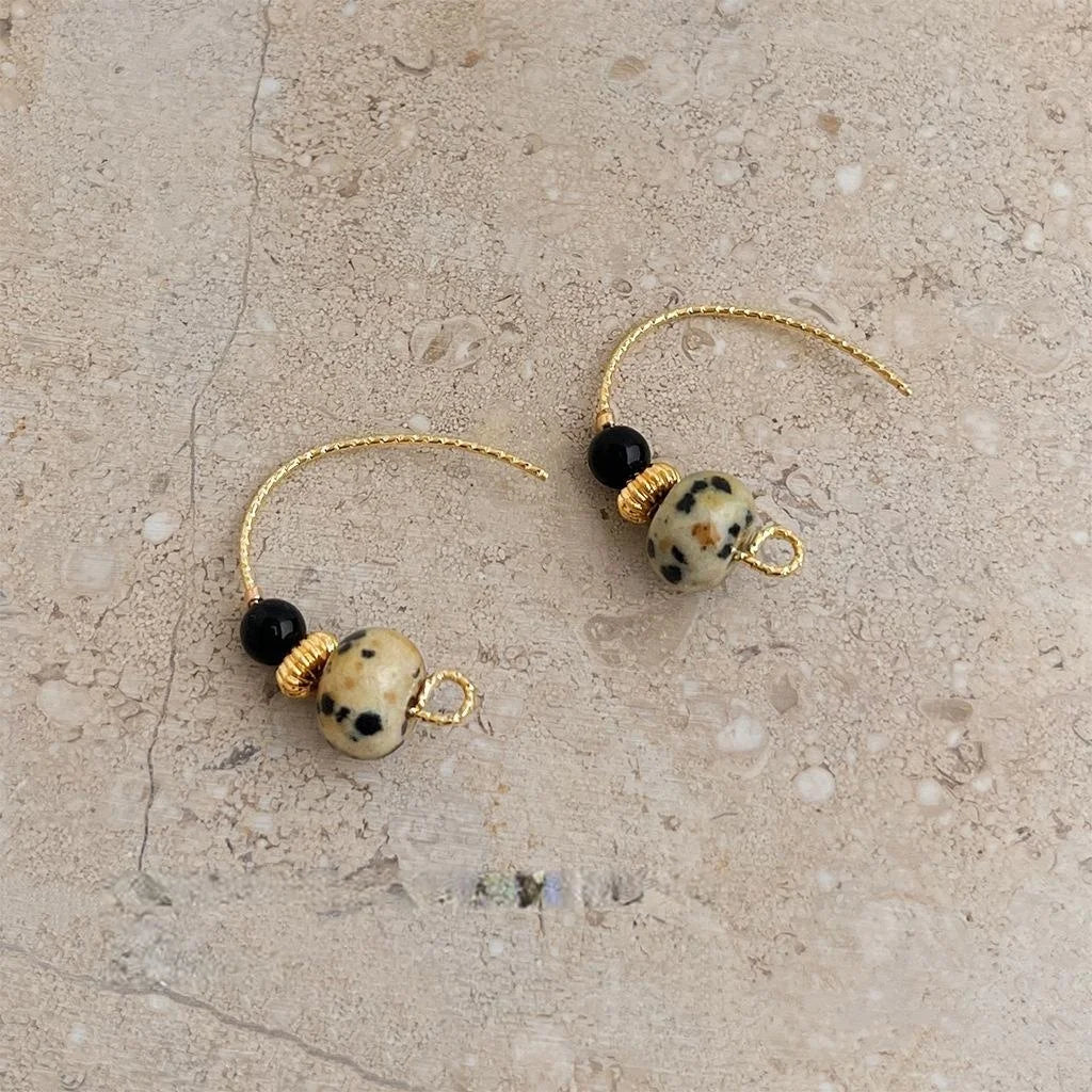 Vintage Natural Stone Handmade Geometric Round Hoop Drop Earrings New Chinese Style