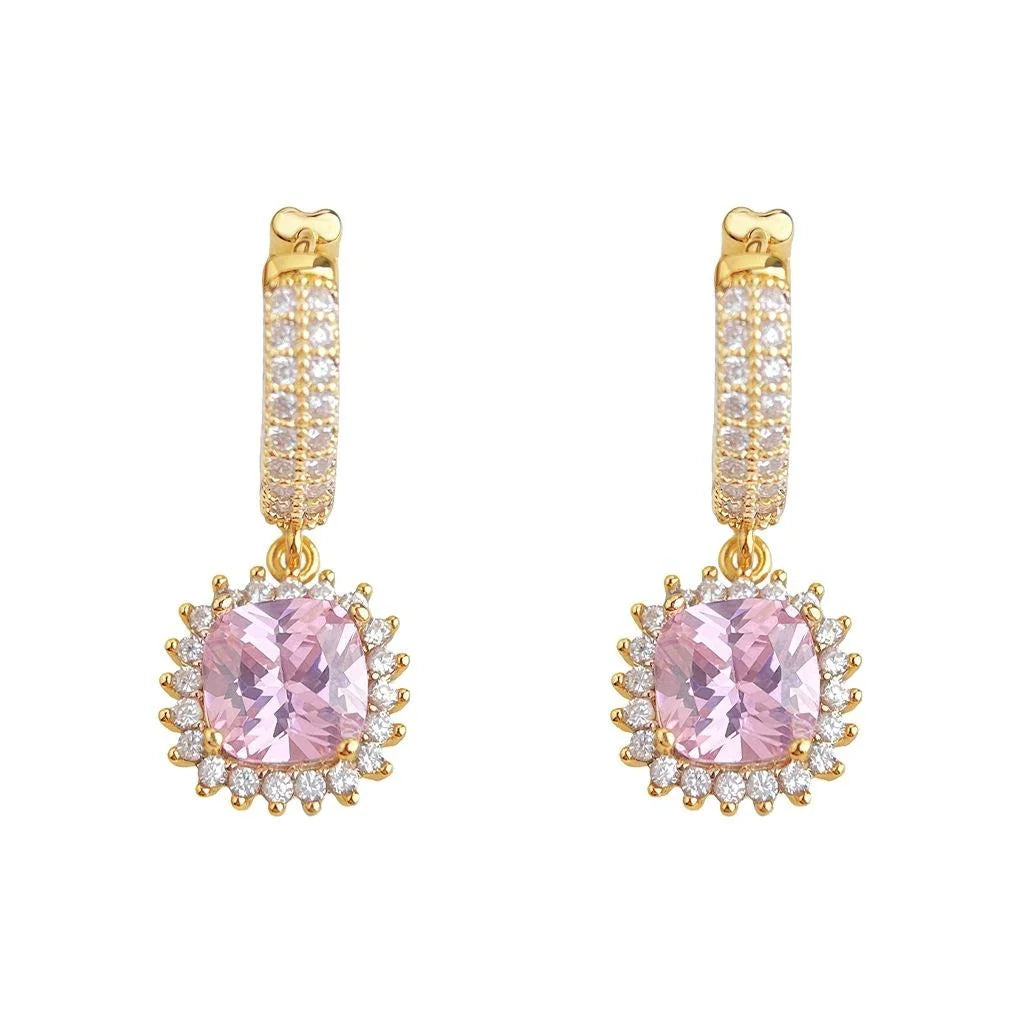 Pink Zircon Inlaid Copper Geometric Sugar Cube Drop Earrings Light Luxury Jewelry
