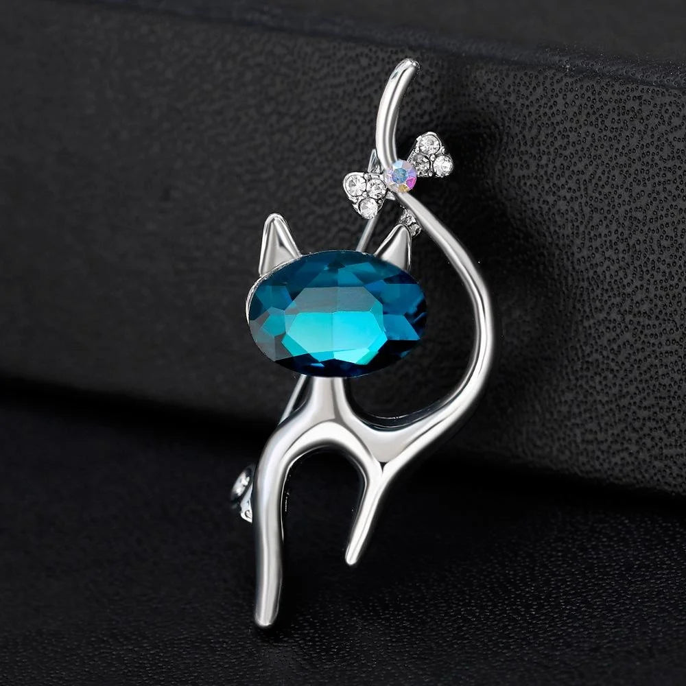 Elegant Rhinestone Cat Brooch With Blue Crystal, Alloy Lapel Pin Corsage For Scarf Suit Gift
