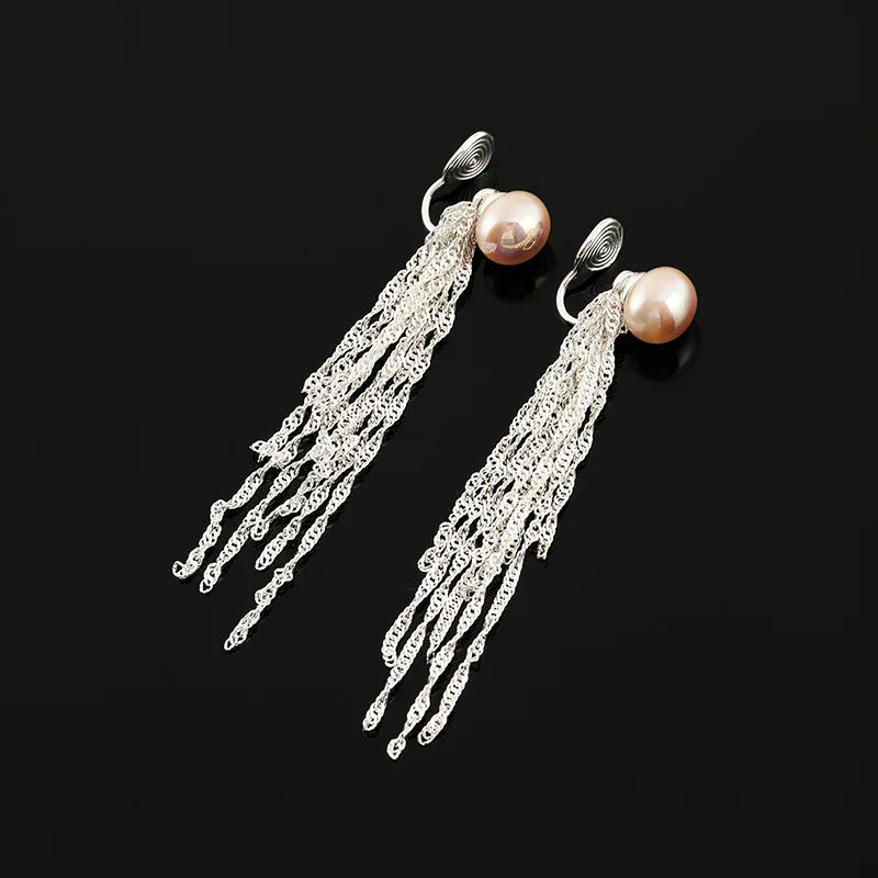 Elegant Luxury Spiral Pink Pearl Long Chain Tassel Alloy Stud & Clip On No Piercing Drop Earrings