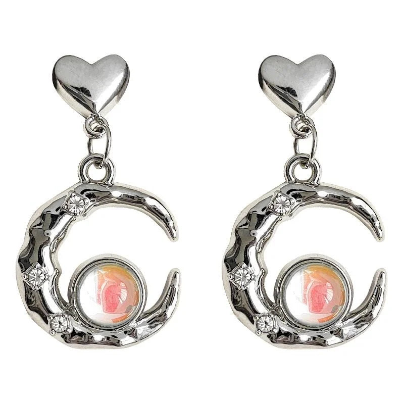 Sweet Cool Liquid Moon Heart Chain Copper Stud Earrings Minimalist Geometric Jewelry