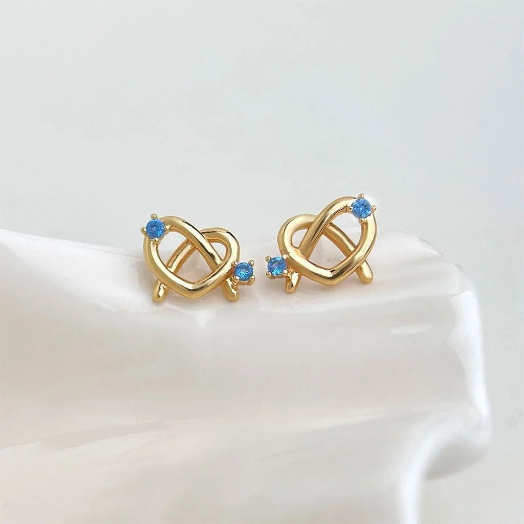 Original Design Copper Zircon Heart Pretzel Knot Stud Earrings For Women Versatile Geometric Jewelry