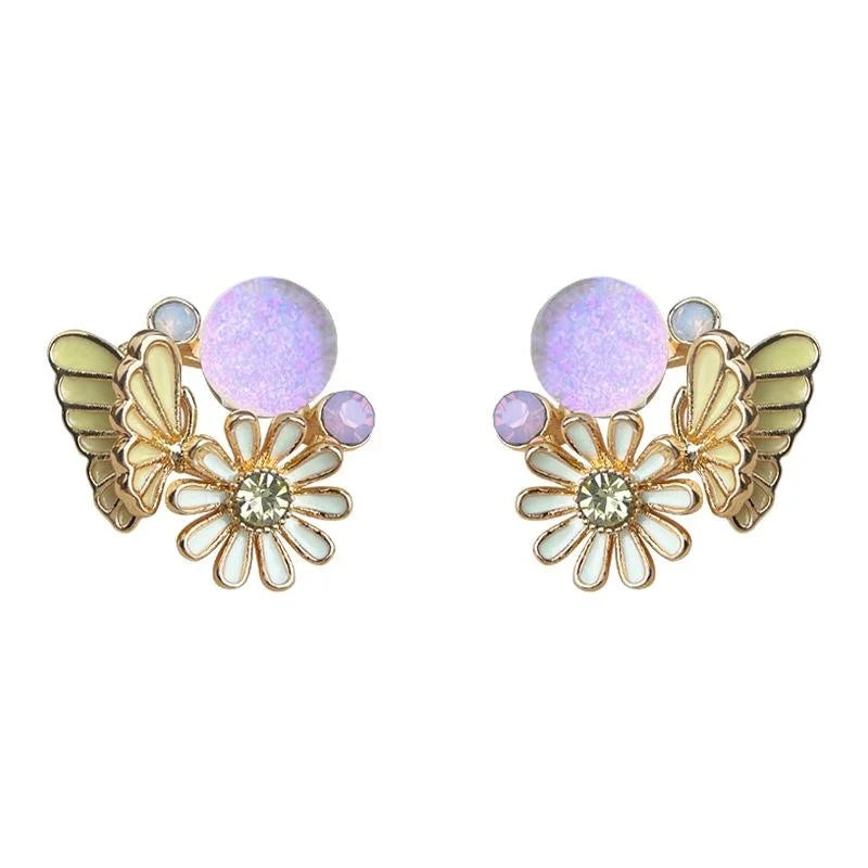 Sweet Forest Style Butterfly Flower Stud Earrings, Eco-Friendly Copper Hand Painted Enamel Jewelry