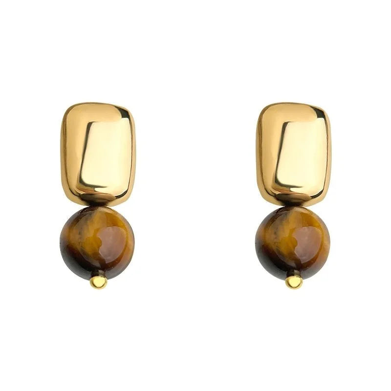 Maillard Style 14K Plated Copper Tiger Eye Stone Geometric Square Drop Earrings