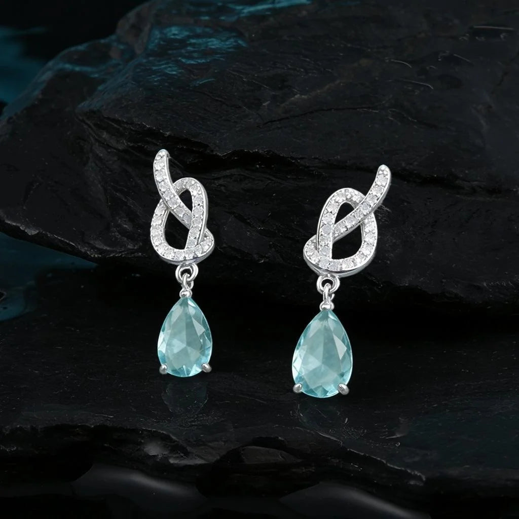 Light Luxury Copper Zircon Aquamarine Rope Knot Teardrop Drop Earrings