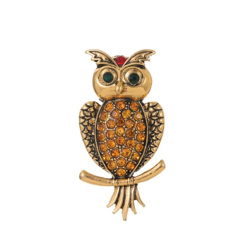 Vintage Gold Alloy Owl Brooch With Amber Rhinestones, Elegant Animal Lapel Pin Suit Accessory Gift