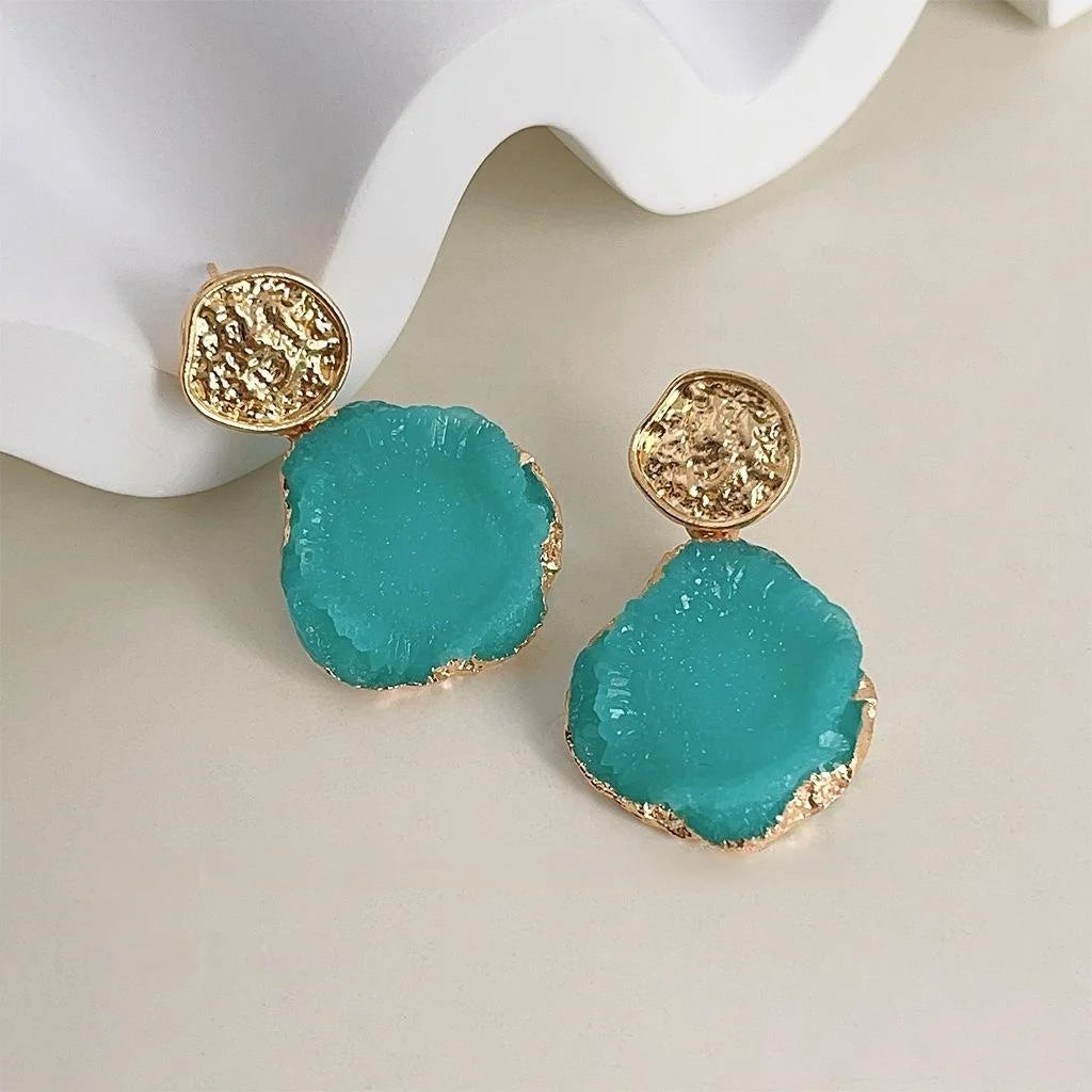 Glacier Blue Resin Copper Irregular Geometric Drop Earrings Light Luxury Resort Style