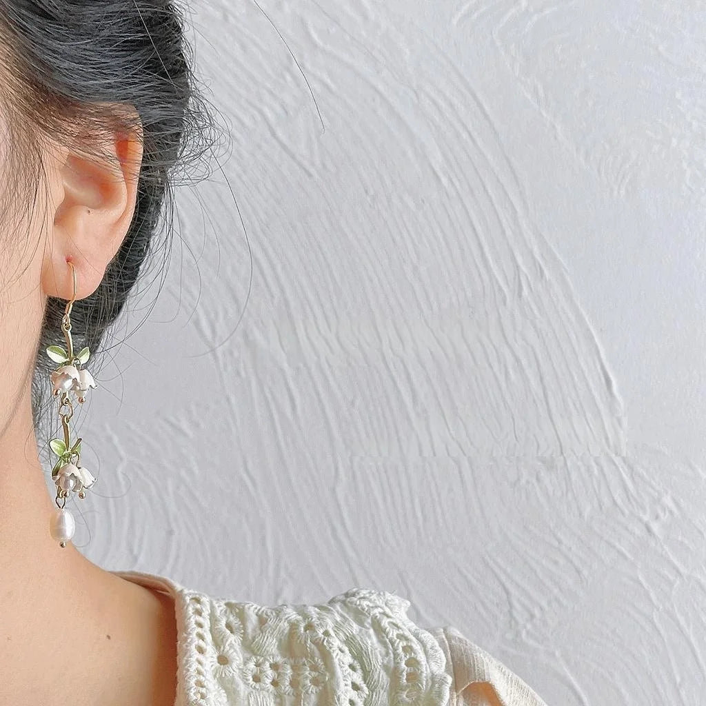 Handmade Lily Of The Valley Leaf Drop Earrings With Freshwater Pearls And Silver Plated Pins