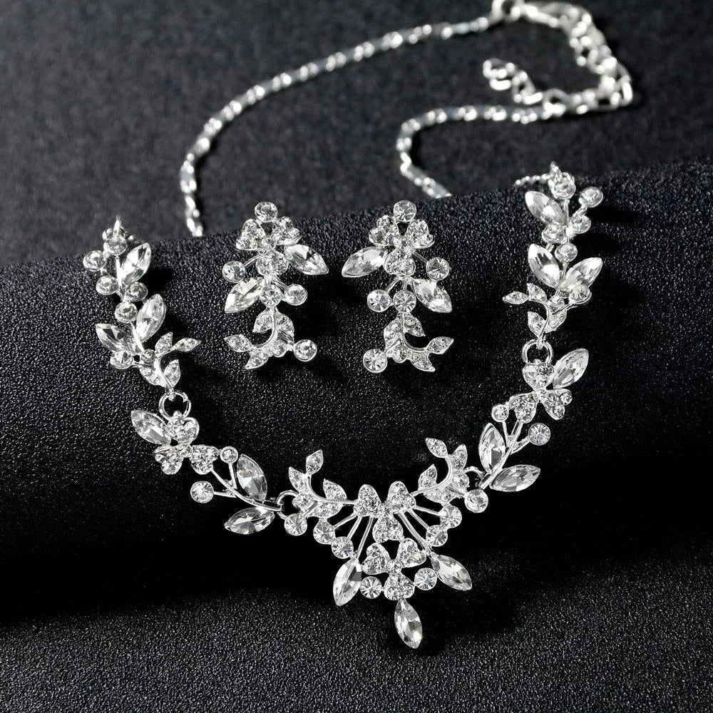Luxury Bridal Crystal Rhinestone Floral Leaf Necklace Earrings Jewelry Set For Wedding Party Gift