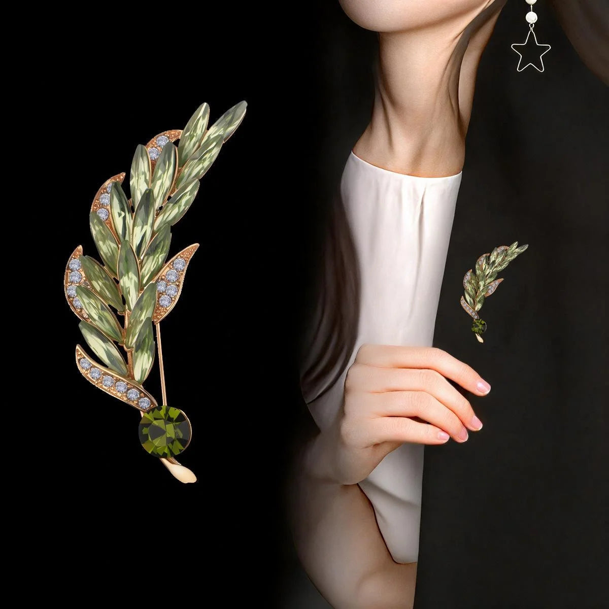 Elegant Wheat Stalk Brooch With Green Crystal Glass Leaves And Rhinestones, Luxury Lapel Pin Corsage Gift