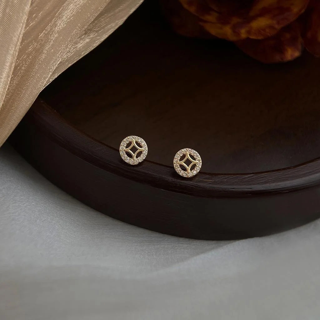 Light Luxury 14K Gold Plated Copper Micro Pave Zircon Round Geometric Stud Earrings