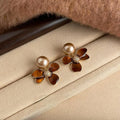 Vintage Maillard Copper Enamel Flower Drop Earrings with Pearl Zircon