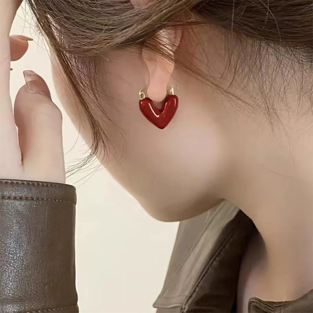 French Vintage Red Enamel Heart Drop Earrings Copper Fashion Jewelry