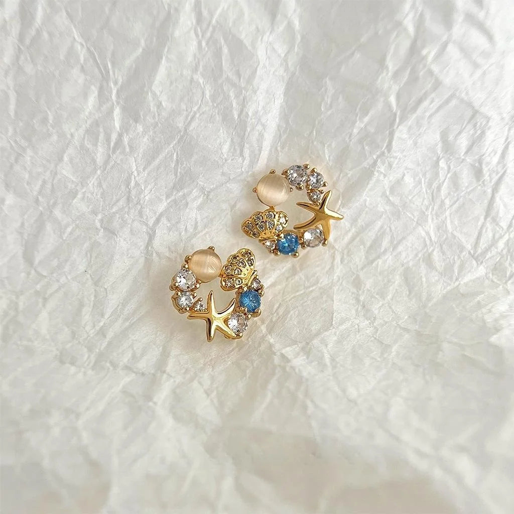 14K Gold Plated Copper Starfish Stud Earrings With Zircon And Cat Eye Stone, Unique Designer Jewelry
