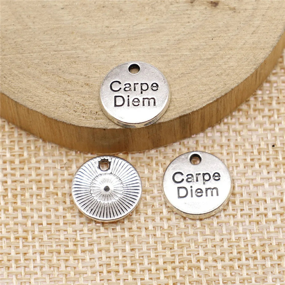 12x12mm 1.1g Zinc Alloy Round Carpe Diem Tag Letter Charm Pendant for DIY Necklace Bracelet Making