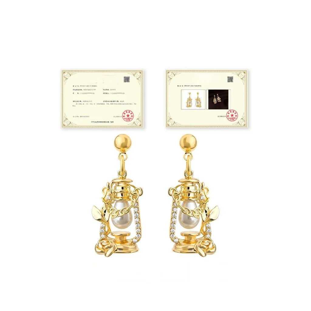 Niche Designer Vintage French Lantern Drop Earrings Copper Pearl Zircon Geometric Oval