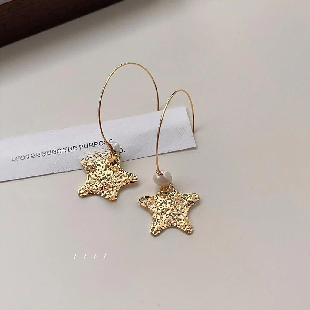 18K Thick Plated Copper Star Freshwater Pearl Drop Earrings Light Luxury French Style