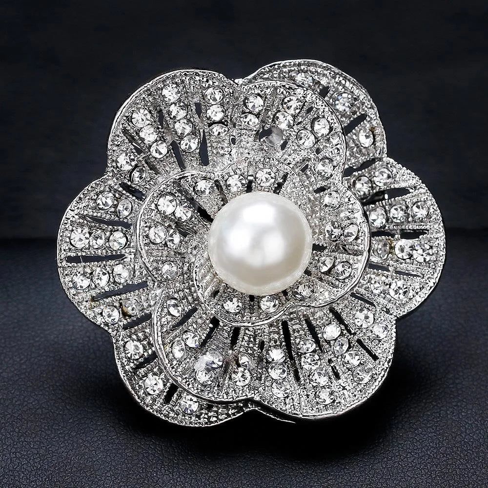 Elegant Rhinestone Pearl Flower Brooch, Alloy Crystal Lapel Pin Corsage For Women Suit Accessory Gift