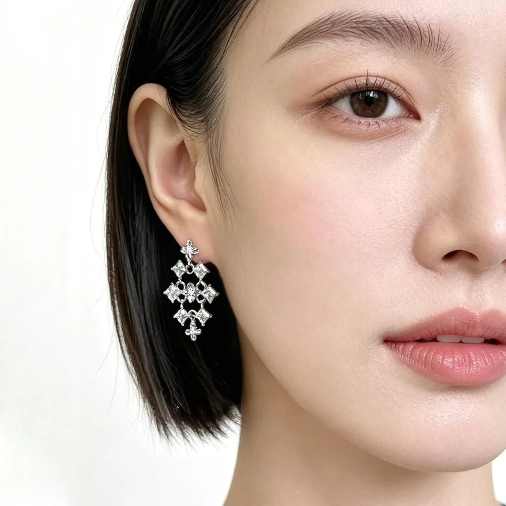 Designer Flower Waterfall Geometric Tassel Drop Earrings With Micro Pave Zircon Copper