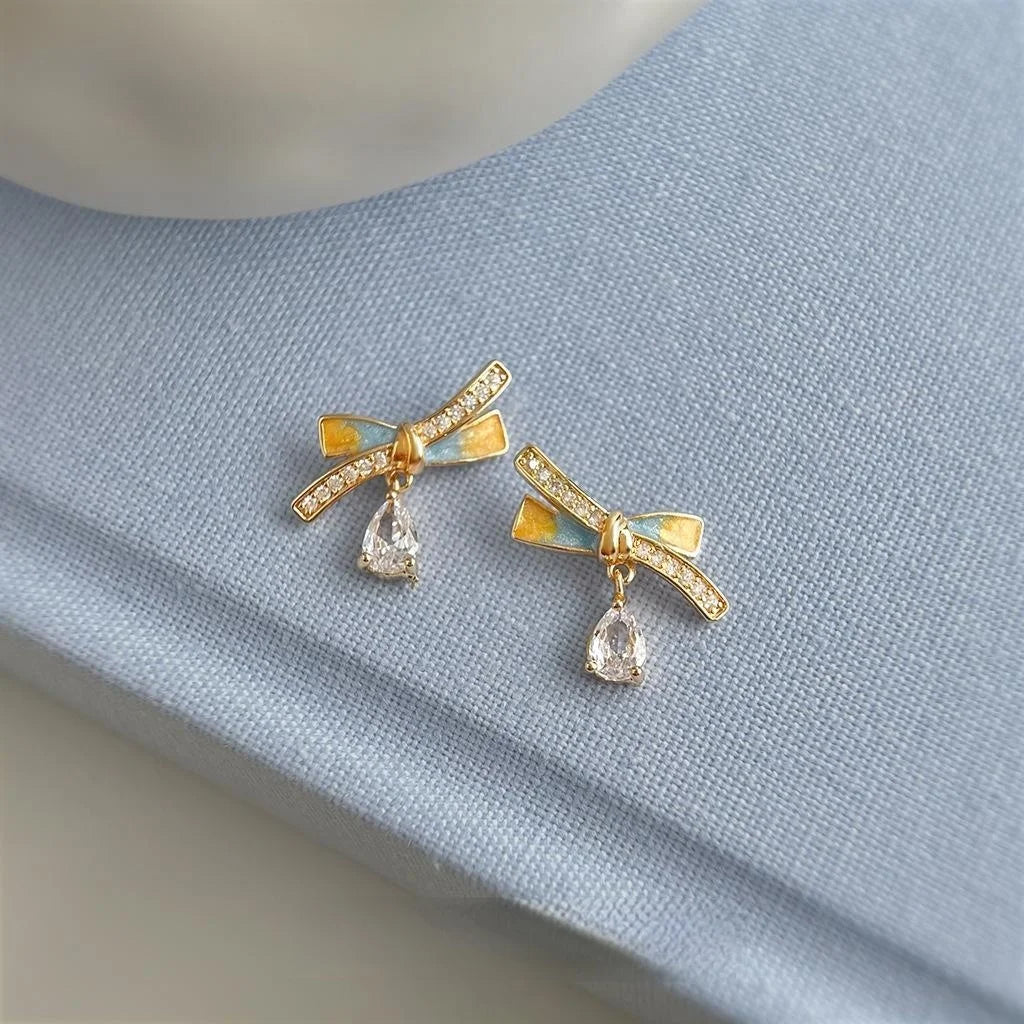 Cream Sweet Style Bow Stud Earrings 14K Plated Copper Zircon Micro Pave Enamel For Women