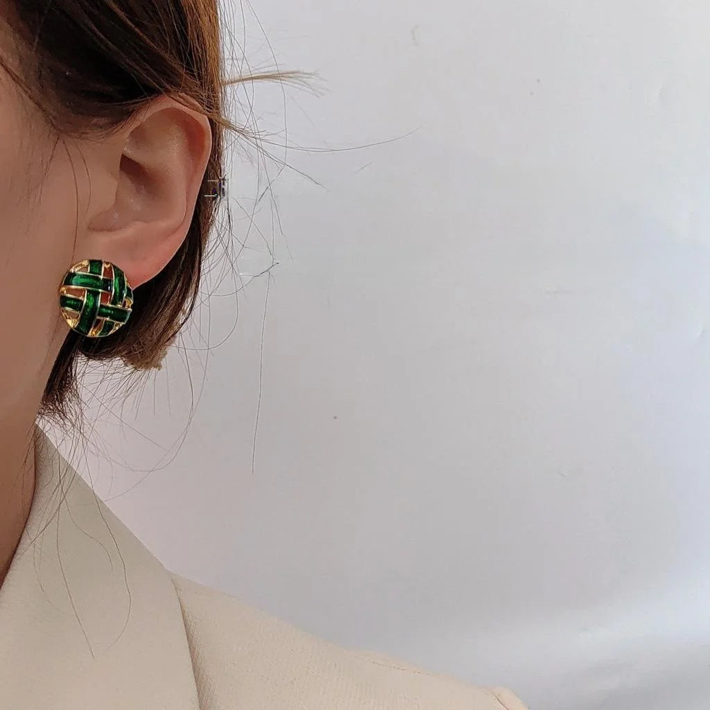 Light Luxury Vintage Woven Half Moon Green Enamel Hollow Copper Stud Earrings