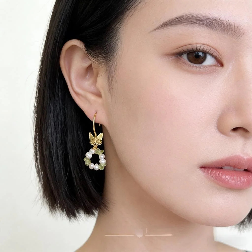 Cute Handmade Freshwater Pearl Green Olive Natural Stone Butterfly Drop Earrings For Women