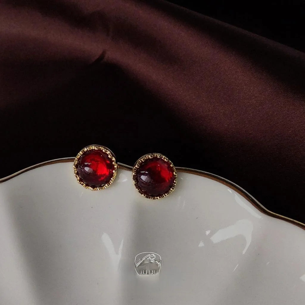 Vintage Palace Round Resin Ruby Stud Earrings 14K Gold Plated Burgundy Jewelry