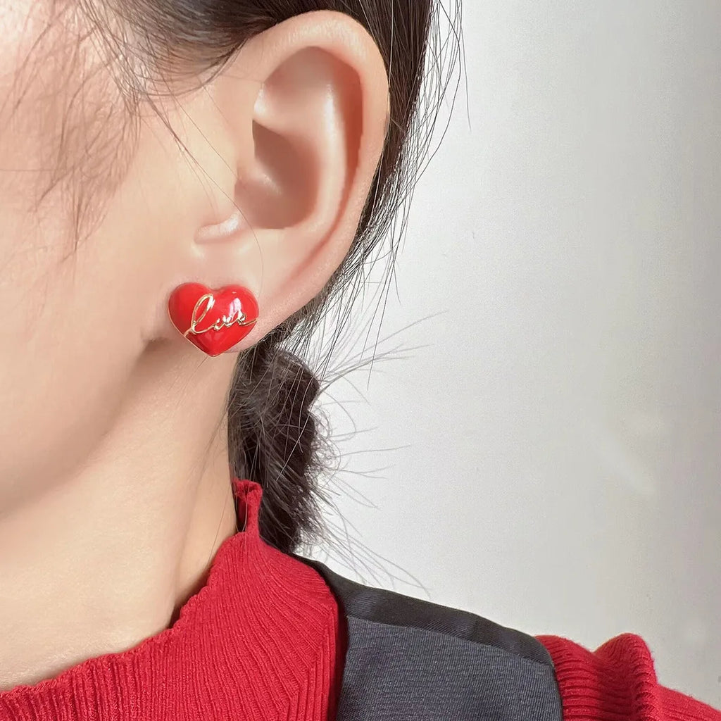 Red Enamel Love Heart Asymmetric Alloy Stud & Clip On No Piercing New Year Fashion Earrings