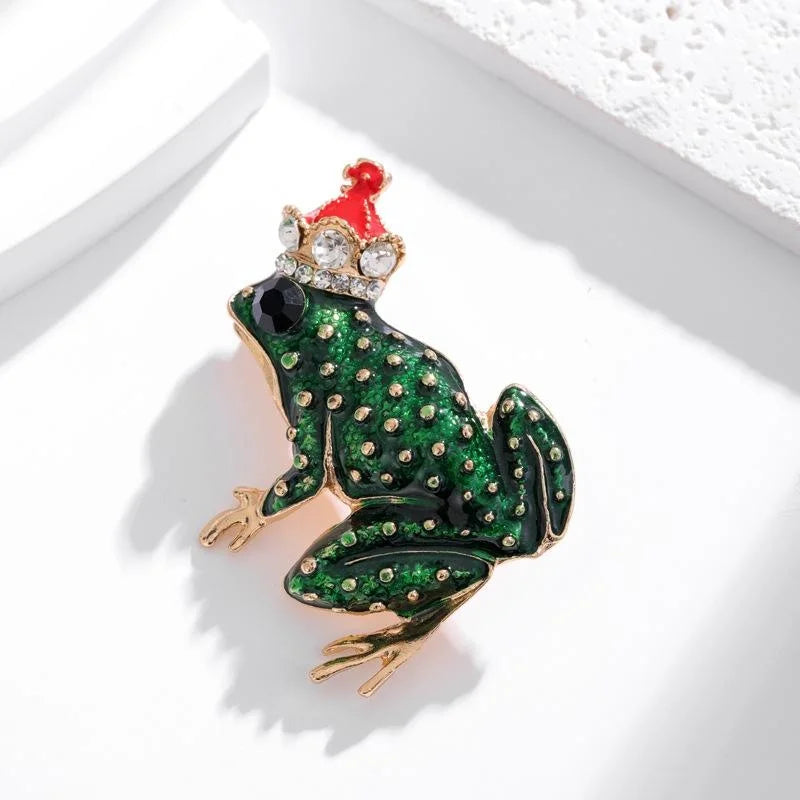 Cute Enamel Frog Prince Brooch With Rhinestone Crown, Animal Lapel Pin Corsage Suit Accessory Gift