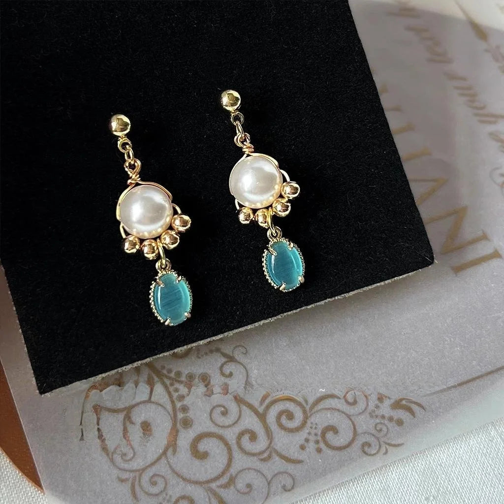 Forest Style Round Glass Cat Eye Stone Stud Earrings 14K Plated Copper Geometric Jewelry