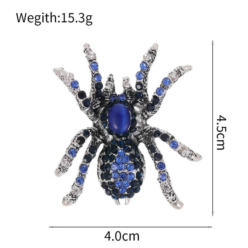 Vintage Blue Rhinestone Spider Brooch Alloy Animal Lapel Pin Luxury Halloween Suit Accessory Gift