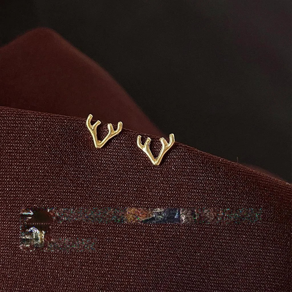 Minimalist Copper Mini Deer Antler Stud Earrings, Silver Plated French Vintage Geometric Jewelry