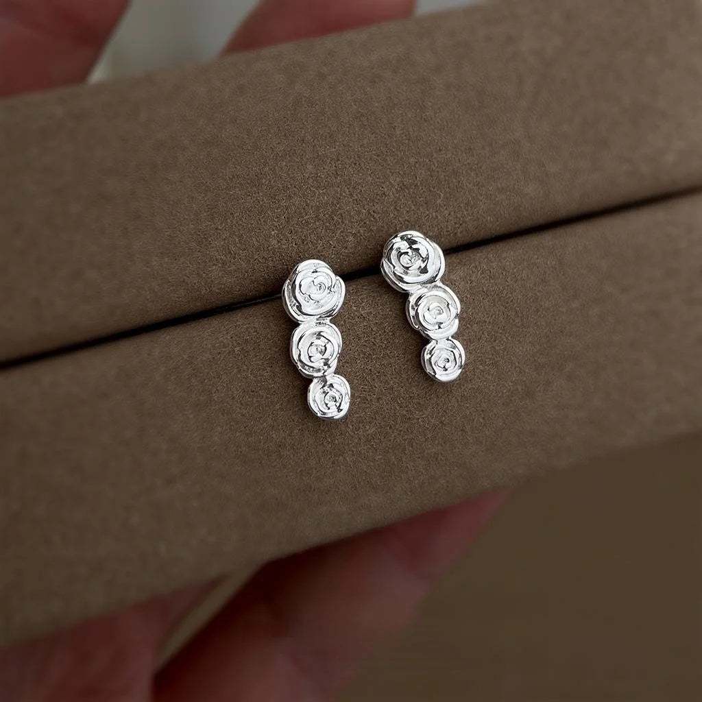 New Chinese Style Silver Rose Stud Earrings Eco-Friendly Copper 3D Floral Minimalist Jewelry