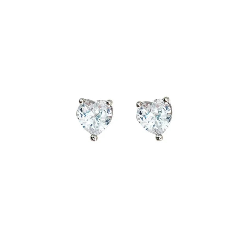 Korean Sweet Minimalist Heart Zircon Stud Earrings With Silver Plated Pins For Daily Wear