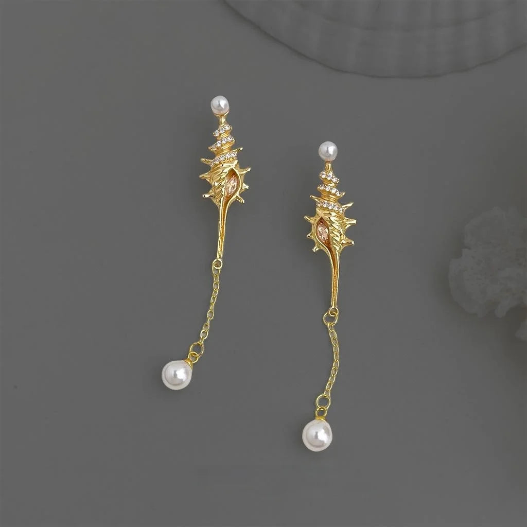Sweet Conch Shell Copper Drop Earrings With Zircon Micro Pave, Pearl Accent