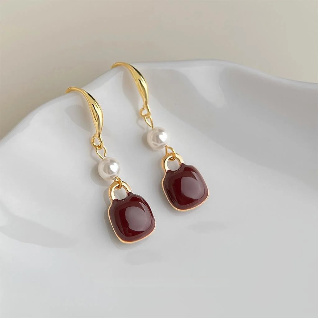 Hong Kong Style Burgundy Enamel Square Geometric Copper Glass Pearl Drop Earrings