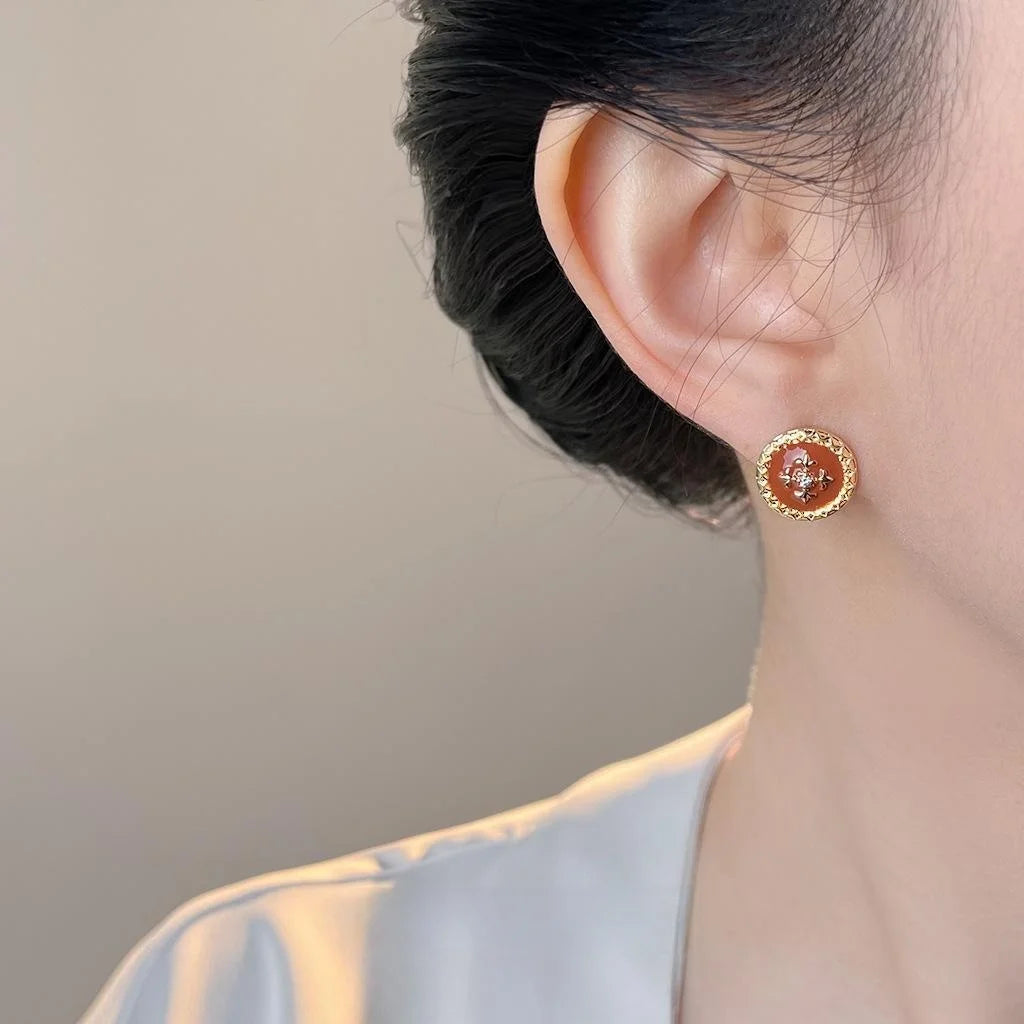 Copper Iris Flower Enamel Drip Glaze Geometric Button Stud Earrings With Zircon