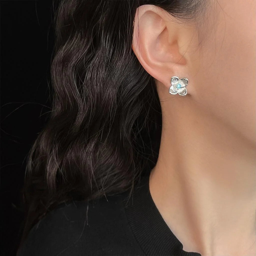 Sweet Floral Micro Pave Zircon Copper Stud Earrings 14K Plated Brushed Peach Blossom Jewelry