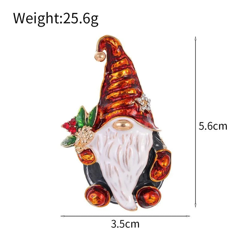 Cute Enamel Alloy Santa Gnome Brooch With Rhinestone Holly, Christmas Lapel Pin Corsage Suit Accessory Gift
