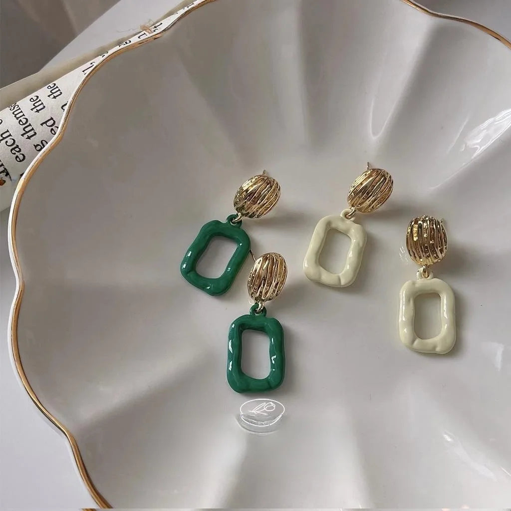 French Vintage Copper Hollow Enamel Geometric Square Stud Earrings With Ring Line Design