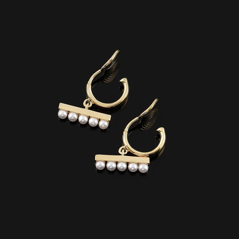Elegant Gold Alloy Spiral Hoop Bar Pearl Drop Stud & Clip On No Piercing Women's Fashion Earrings