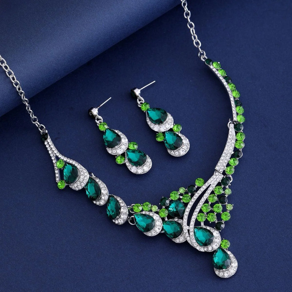 Luxury Green Teardrop Crystal Rhinestone Jewelry Set, Elegant Statement Necklace Earrings For Banquet