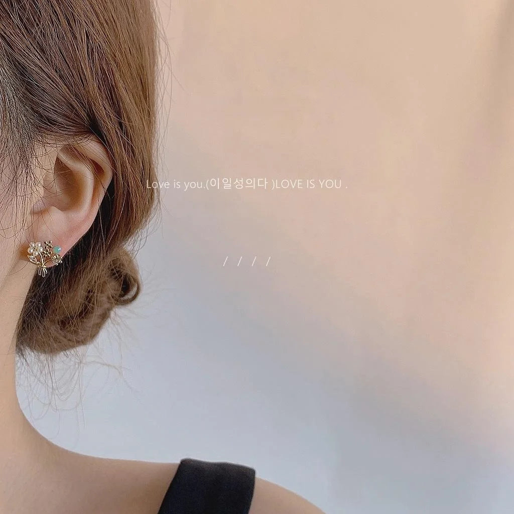 14K Plated Copper Floral Bouquet Stud Earrings With Zircon Micro Pave Korean Sweet Jewelry
