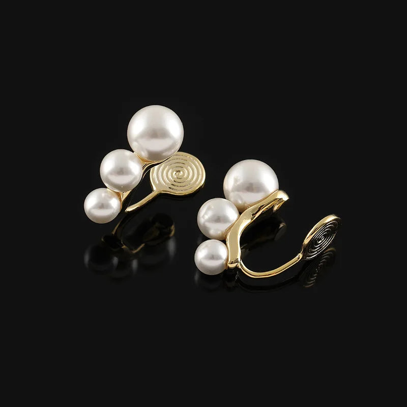 Elegant Simple Pearl Cluster Gold Tone Spiral Disc Alloy Stud & Clip On No Piercing Commuter Earrings