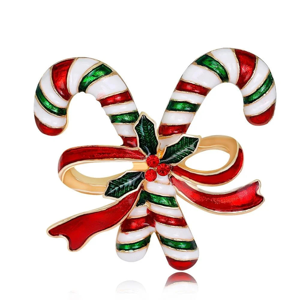 Elegant Christmas Double Candy Cane Enamel Brooch With Rhinestone Holly, Festive Lapel Pin Corsage Gift