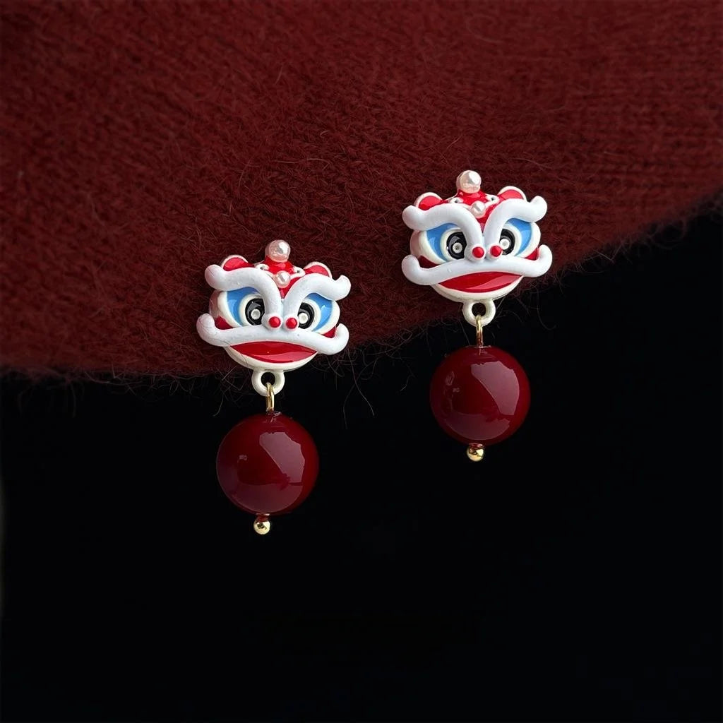 Cute Chinese Style Lion Dance Drop Earrings Handmade Painted Enamel Copper Jewelry