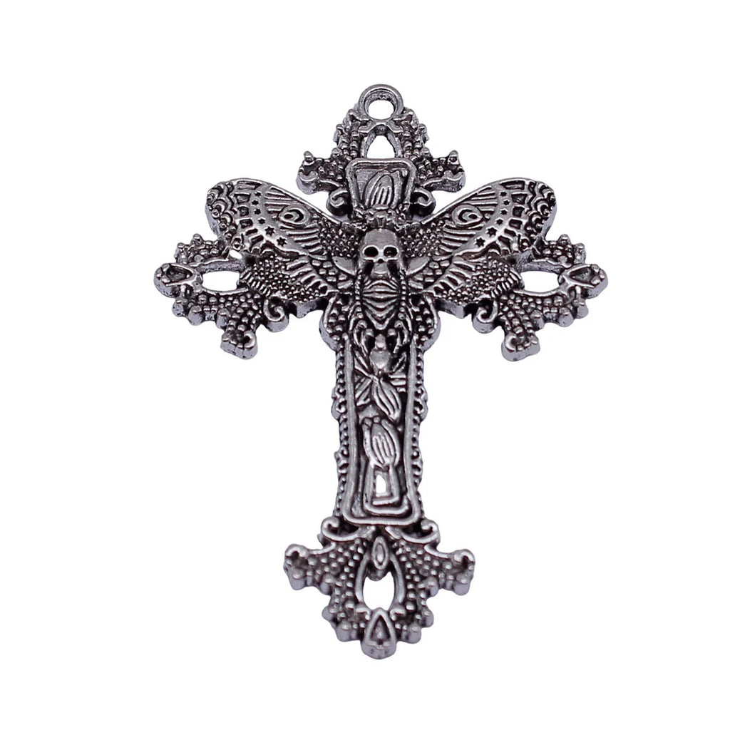 51x37mm 4g Antique Silver Zinc Alloy Skull Moth Cross Charm Pendant for Gothic DIY Necklace Making