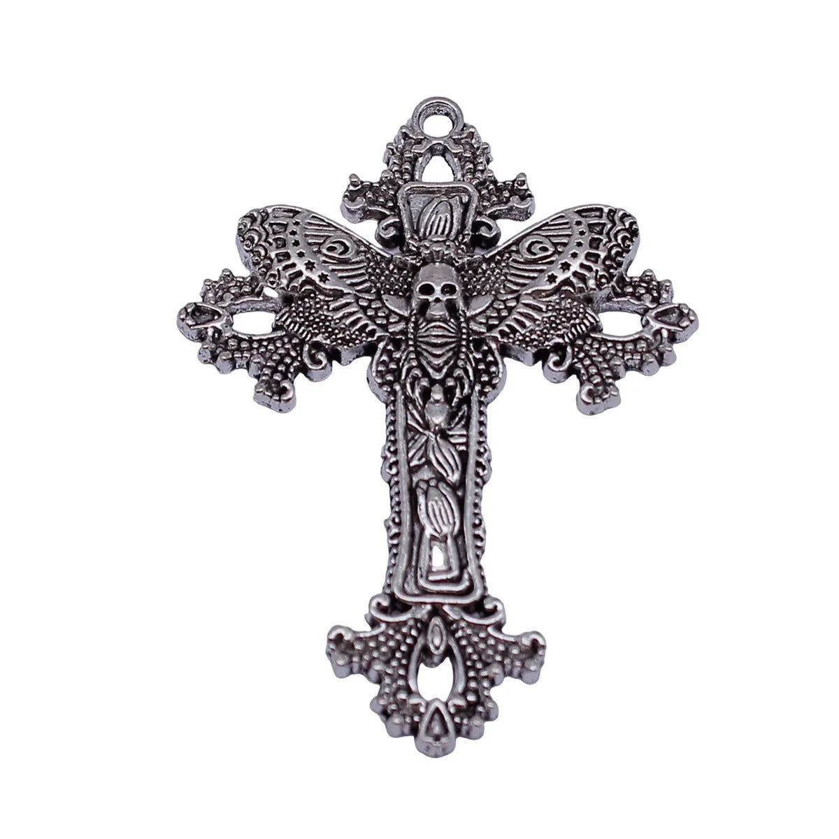 51x37mm 4g Antique Silver Zinc Alloy Skull Moth Cross Charm Pendant for Gothic DIY Necklace Making