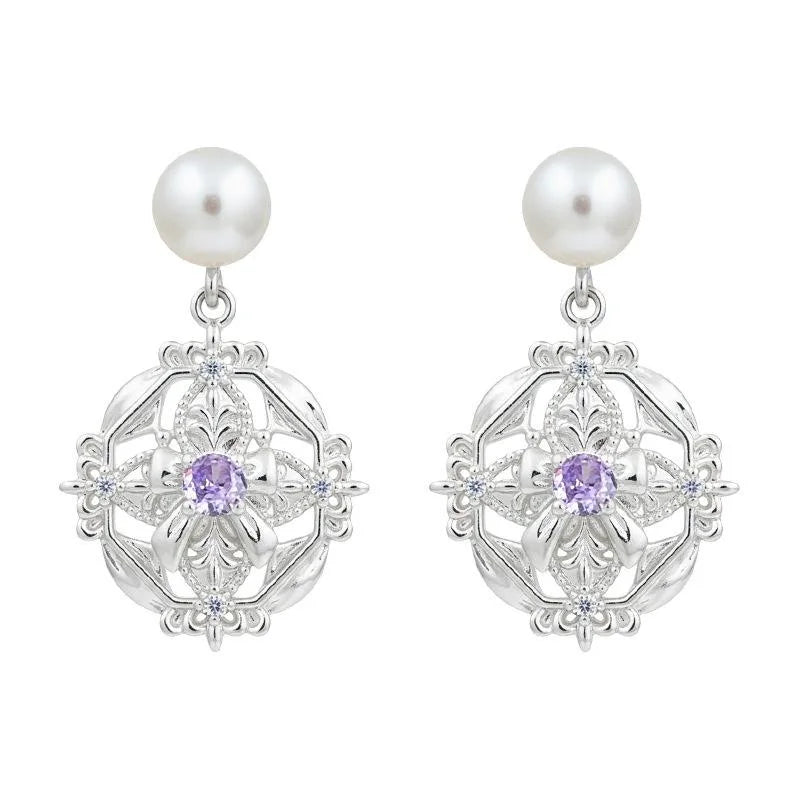French Vintage Iris Floral Zircon Eco-Friendly Copper Geometric Drop Earrings for Women
