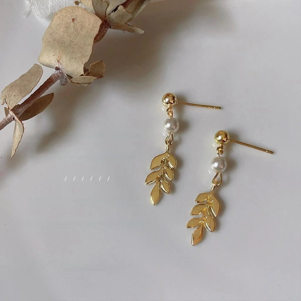 14K Gold Plated Copper Wheat Leaf Stud Earrings Handmade Minimalist Style Jewelry